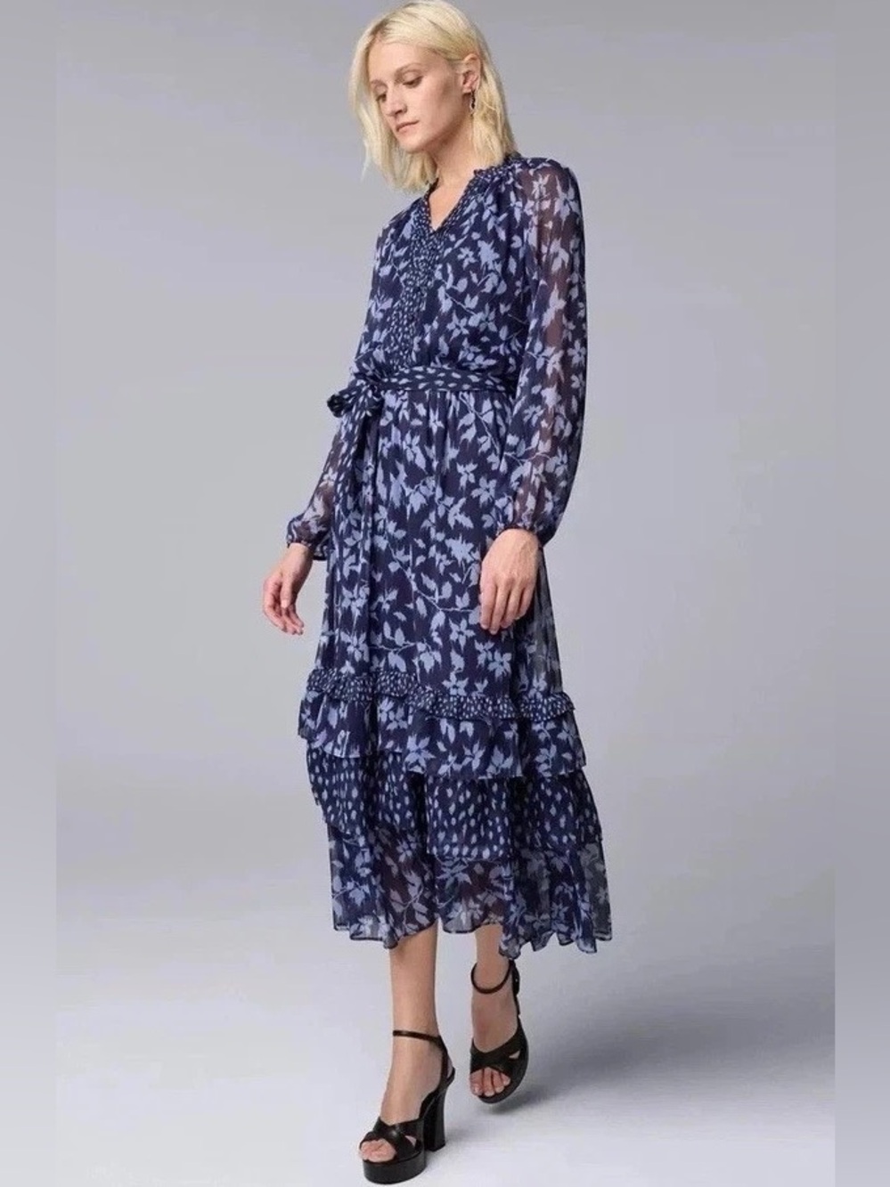🆕NWT Simply Vera Wang Dark Floral Chiffon Ruffle Midi Dress Wedding Guest Whimsy